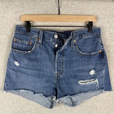 Levis 501 Shorts Womens 29 Blue Distressed Denim High Rise Button Fly Raw Hem