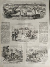 Stampa antica Saumur Ippodromo Scuola cavalleria  4 Xilografie originali 1850 