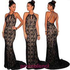 Abito lungo donna vestito strascico pizzo effetto nudo elegante nuovo DL-1104