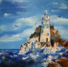 Dipinto olio 6x6".Faro nella