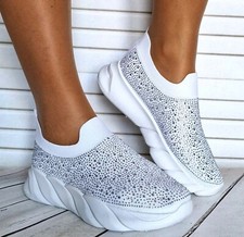 DONNA CALZINO BIANCO SLIP ON SNEAKERS CLASSICHE JOGGING DÉCOLLETÉ SCARPE DA GINNASTICA TAGLIE FORTI