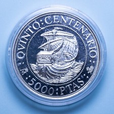 SPAGNA JUAN CARLOS 5000 PESETAS 1989 SCOPERTA DELL'AMERICA PROOFLIKE ARGENTO