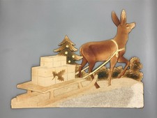 Antica grande insegna in cartone di Dresda cervo slitta vecchia antica Natale rarità