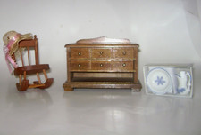 Vintage Dollhouse Furniture Rocking Chair 1970's Walnut Bureau Pitcher & Bowl