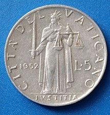 ?? CITTA' DEL VATICANO ?? MONETA COIN 5 LIRE 1952 PAPA PIO XII PIUS XII