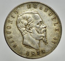 VITTORIO EMANUELE II 1861-1878 -AG/ 5 LIRE 1874 MILANO BELLA PATINA