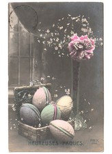 cesto pasquale uova decorate antica foto cartolina auguri di Pasqua Paques