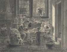 GENERE - "Idillio di famiglia" - Rosolino e disegno a inchiostro lavato del 1800