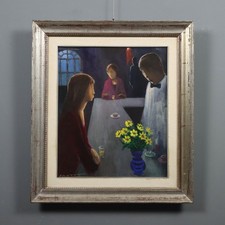 Eliano Fantuzzi Dipinto Olio su Tela 'Figure al Bar' XX Secolo Originale