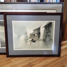 Quadro acquerello paesaggio asiatico arte tranquilla firmato impressionismo incorniciato