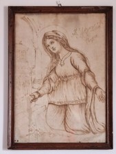 Antico quadro Santa Marcella pirografia su carta cornice in legno della II° 800 
