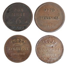 Napoli Due Sicilie LOTTO 4 monete RARE 5 tornesi 1843 5 T. 1853 6 T. 1799 8 1817
