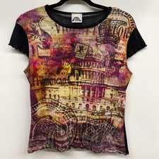 Top trasparente vintage B'Time stampa grafica donna nero orlo lattuga Y2K babydoll XLarge