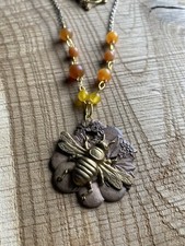 OOAK Bee Necklace W/ Horn Beads and Vintage Brass Stampings Artisan Handmade