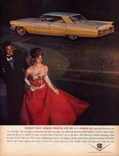 Abito smoking Camelot 1962 stampa Cadillac pubblicità 63 modello abbigliamento formale rose fiocco cravatta