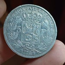 Moneta In Argento 900 Grammi 25 Belgio Leopoldo II 5 Franchi 1869 Lotto 2207