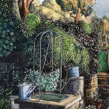 Acquaforte Incisione Acquerellata mano Stinga Pozzo Campagna Fiori alberi Villa