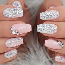 24 Pezzi Unghie Finte Medie Bara Unghie a Pressione Rosa Glitter Francese Adesiv