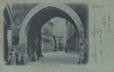 1270) CARTOLINA VERDE BOLOGNA ANTICA PORTA CASTIGLIONE ANIMATA VIAGGIATA