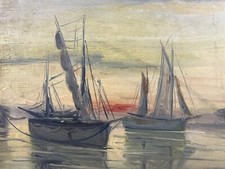 Olio Su Pannello Paesaggio Marino Barche In Mare Al Tramonto Firmato