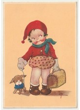 1950 cartolina d'epoca bambino cuffia rossa cane trasportino