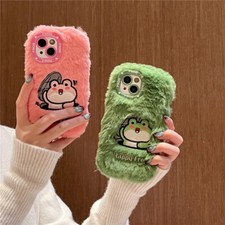 Cute Frog Winter Warm Plush Fluffy Cover for iPhone 15 Plus 14 Pro Max 11 12 13
