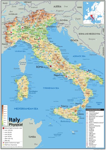 Mappa fisica italia - italia, x