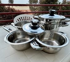 Batteria 5 pentole 2 coperchi acciaio Inox cromo lucido triplo fondo Blumenthal