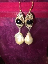 Incantevoli Orecchìni Argento Dorato E Grandi Perle Australiane E Onice Nera