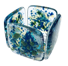 Portacandele in vetro fuso 2,5" cubo blu verde metà secolo geometrico MCM art