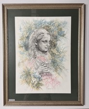 Quadro litografia Renzo Vespignani 50x70 giovane con i fiori in cornice