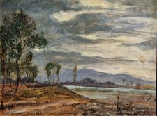 Mario Albano ( Torino 1896 - 1968 ). Dintorni di Torino 1938. Olio su cartone