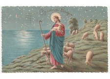 1932 Gesù agnelli al pascolo mare luna stelle cartolina Buona Pasqua d'epoca