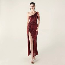 Abito Rosso Vino Monospalla Elegante Con Spacco E Paillettes CF45128