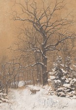 Albert Breve Bosco Paesaggio Invernale Volpe Firmato Pastello Disegno Fine XIX Secolo