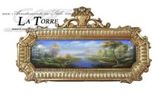 Quadro barocco antico dipinto olio medaglione orizzontale oro paesaggio 52x95 D2