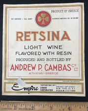 Etichetta bottiglia vino leggera Retsina originale vintage anni 60 Atene Grecia Andrew Cambas