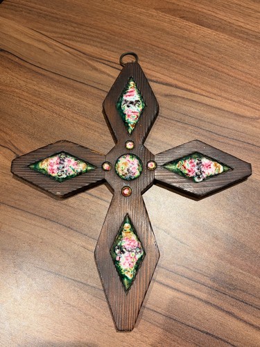 Antique enamel wooden cross - antique,