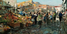 Vincenzo Aprile ( 1952 ) Al mercato Napoli ( olio su tavola 30 x 60 cm )