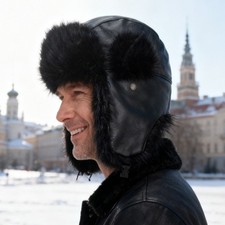 Uomo Similpelle Colbacco con Finta Pelliccia Fodera Inverno Orecchio Patta Russo