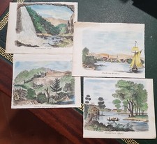 4 incisioni colorate a mano di Albany Hartford Catskills montagna e cascate USA 1820