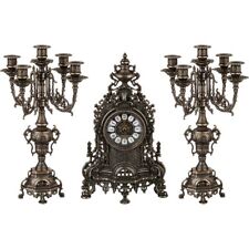 Trittico BAROCCO coppia Candelabri portacandele con Orologio in ottone brunito