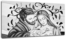 Quadro Moderno Capezzale Sacra Famiglia SFQ bn Foglie Stampa su Tela Arredo Casa
