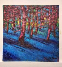 Dipinto Quadro Paesaggio Foresta Olio Tavola Cm40x40 Carlo De Lorenzo