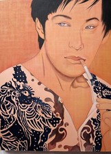 Quadro dipinto in stile giapponese antico cm120x90  samurai manga