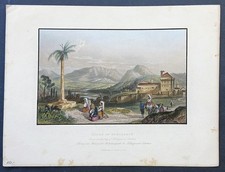 Stampa antica incisione su acciaio veduta benevento 1859 fischer acquerellata