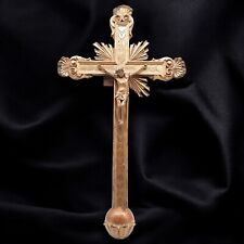 GRANDE ANTICO CROCIFISSO CROCE PROCESSIONALE LITURGICO LEGNO FOGLIA ORO 1700