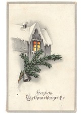 casa innevata decorazione ramo abete campana cartolina Natale Weihnachten