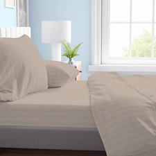 Completo Lenzuola Matrimoniale in Microfibra, Tortora, Rasatello Rigato, No Stir