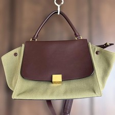 Borsa a mano CELINE a trapezio bordeaux e pelle kaki/tela Made in Italy usata